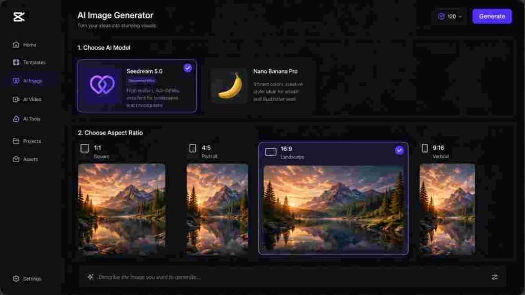 3rd CapCut AI Image Generator models and aspect ratios