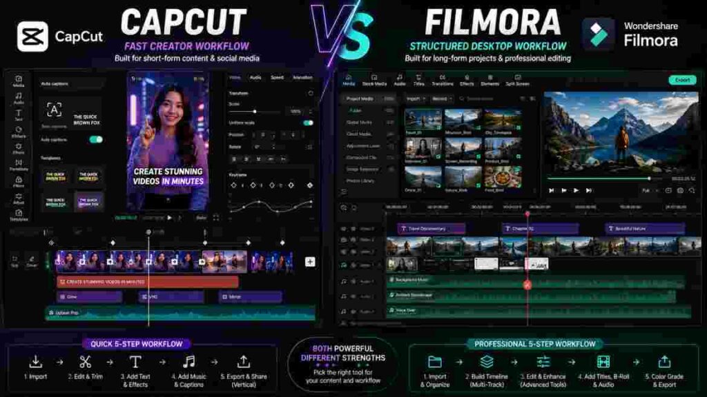 workflow comparison Capcut vs Filmora